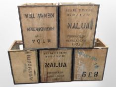 Five vintage tea crates, height 60cm.