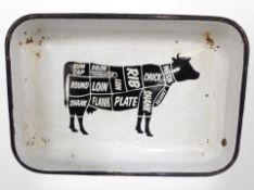 A butchers-style enamelled metal tray with later decoration, width 42cm.