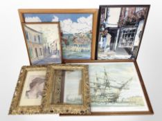 A group of pictures and prints including two embroideries, print of HMS Victory,