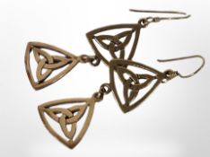 A pair of vintage yellow metal Celtic earrings, length 6cm, indistinctly stamped.