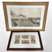 An antiquarian photographic print of the Mauritania leaving the Tyne, in oak frame,