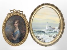 S White (contemporary) : St Mary's Island, oil on board, 49cm x 39cm (oval),