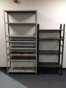 Two sets of adjustable metal shelves, largest 87cm wide.