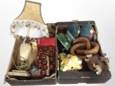 A group of contemporary decorative items including lamp base, Portuguese pottery bowl, glass ware,