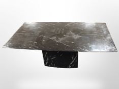 A contemporary faux marble rectangular pedestal coffee table, width 120cm.