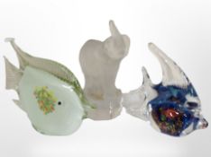 A Murano aquarium glass angelfish ornament, with two goldfish inclusions, another Murano angelfish,