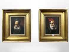 Continental school : Portrait of a bearded man wearing a red hat, oil on canvas, 17cm x 22cm,