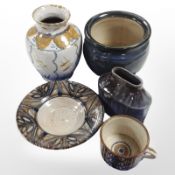Five pieces of Scandinavian studio pottery including planter, vase, bowl, etc.