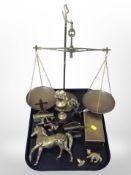 A set of brass scales, further solid cast-brass figure of a horse, crucifix, engraved vase, etc.