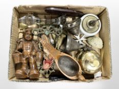 A tray of metal ware and treen Swedish carved wooden cup in the form of a pheasant, brass desk bell,
