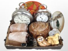 A group of plated wares, contemporary clocks in the form of pocket watches,
