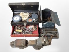 Two metal tool boxes and contents, together with two vices.