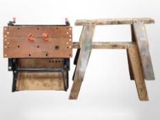 A pair of pine A-frame trestle table stands, together with a Workmate work bench.