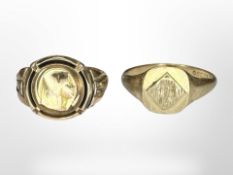 A 9ct gold signet ring and a further French yellow metal ring CONDITION REPORT: 3.