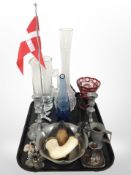 A group of glass vases, jug, together with a pair of cast-pewter candlesticks and a further bowl,