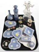 A group of Wedgwood blue and white Jasperware shallow dishes and trinket boxes,