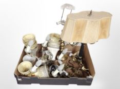 A group of 20th-century continental brass wall lights, table lamp, pendant light fitting, etc.