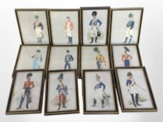 Twelve colour prints of soldiers in early-19th century dress, each 21cm x 15cm overall.