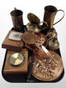 Two teak-cased barometers, together with a group of copper and brass wares including tankards, etc.