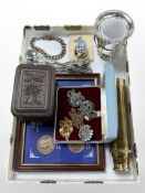 A lacquered brass telescope, silver plated items, paste-set brooch and other jewellery, coin set,