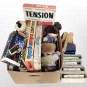 A group of vintage board games and similar items, dolls, child's wooden model crane, etc.