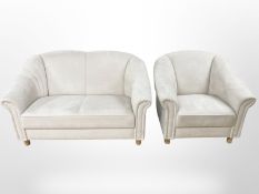 A contemporary white suede two-seater settee with armchair, settee length 149cm.