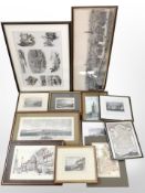 A group of 19th-century hand-coloured engravings including scenes of Durham,