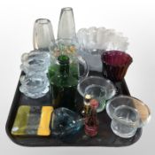 A quantity of glass marbles, Scandinavian glass tealight holders, dishes, two alcohol miniatures,