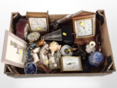 A group of modern mantle timepieces, ceramics including Ringtons Cathedral caddy, a metronome, etc.