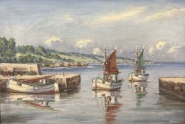 Louis Rendison : Fishing boats coming into port, oil on canvas, 95cm x 65cm.