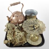 A group of brass and copper wares including 19th-century kettle, pair of ornate wall candle sconces,