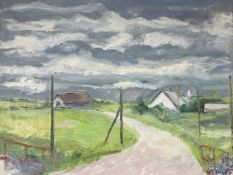 Danish School : Storm clouds over a country lane, oil on canvas, 49cm x 36cm.