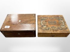 A Victorian rosewood jewellery box inlaid with mother of pearl,