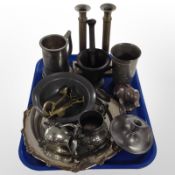 A group of pewter silver plate and brass wares including salver, tankard, pair of candlesticks,
