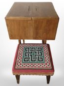 A vintage walnut work box and contents together with a square stool.