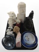 A group of figures and busts, Royal Copenhagen shallow dishes, quartz gemstone, etc.