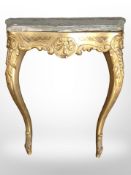 A gilt console table with green marble serpentine top, width 63cm.