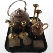 A 19th-century copper kettle, together with two pairs of brass candlesticks, oriental trinket box,