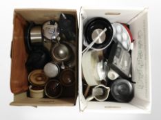 A quantity of kitchen wares including pottery storage jars, stainless steel pieces, serving tray,