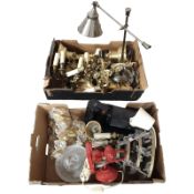 A quantity of pendant light fittings, brass lamp bases and wall sconces, adjustable desk lamp, etc.