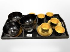 A Japanese lacquered bamboo coffee and bowl service, complete with tray.