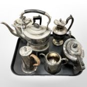 A group of antique and later silver-plated items including spirit kettle on stand, teapot,
