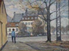 Danish School : Figure walking through a street, oil on canvas, 32cm x 24cm.