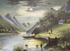 P Hanningsen : Figures by a fire under moonlight, oil on canvas, 65cm x 47cm.