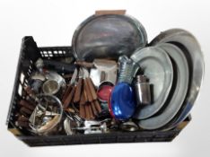 A quantity of stainless steel and pewter serving trays, teak-handled cutlery, bottle openers,