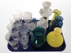 A group of etched and other drinking glasses, continental studio glass vases, oil lamp, etc.