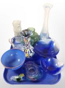 A group of Scandinavian glass ware including Holmegaard blue glass bowls, opalescent glass vase,