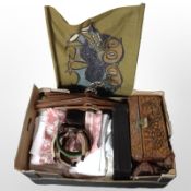 A group of contemporary jewellery boxes, linen, teak coat hangers, etc.