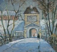 Danish School : Figures by an archway, oil on board, 23cm x 20cm.