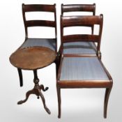 Three 19th-century mahogany dining chairs and a tripod wine table